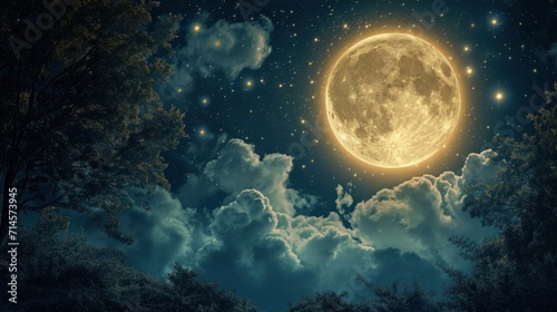  a painting of a full moon in the night sky with clouds and trees in the foreground and trees in the foreground, and a few stars in the sky. © Olga