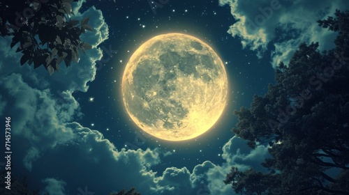  a full moon seen through the clouds in the night sky with trees in the foreground and a dark blue sky with white clouds and stars in the foreground.