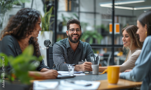 Businesspeople talking during an office break.