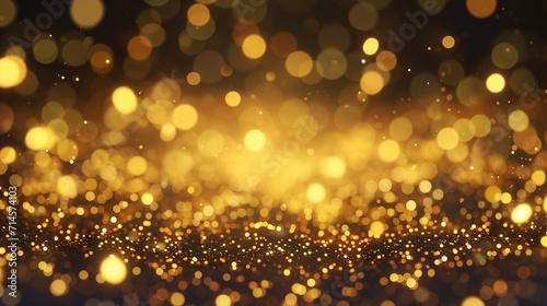 "Radiant Gold Glitter Bokeh Lights on Dark Background - Luxurious Sparkling Dust Particles for Festive Background"