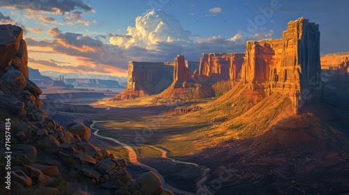  an artist's rendering of a desert landscape with a river running through the center of the landscape, and mountains in the background, and birds flying in the sky.