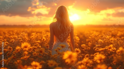  a woman standing in a field of sunflowers with the sun setting in the back of her head and the sun shining through the clouds above her back of her head. #714574142