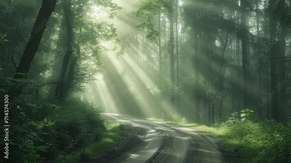 a dirt road in the middle of a forest with sunbeams shining through the trees on the other side of the road is a lush green forest with lots of trees on both sides. a dirt road in the middle of a forest with sunbeams shining through the trees on the other side of the road is a lush green forest with lots of trees on both sides.