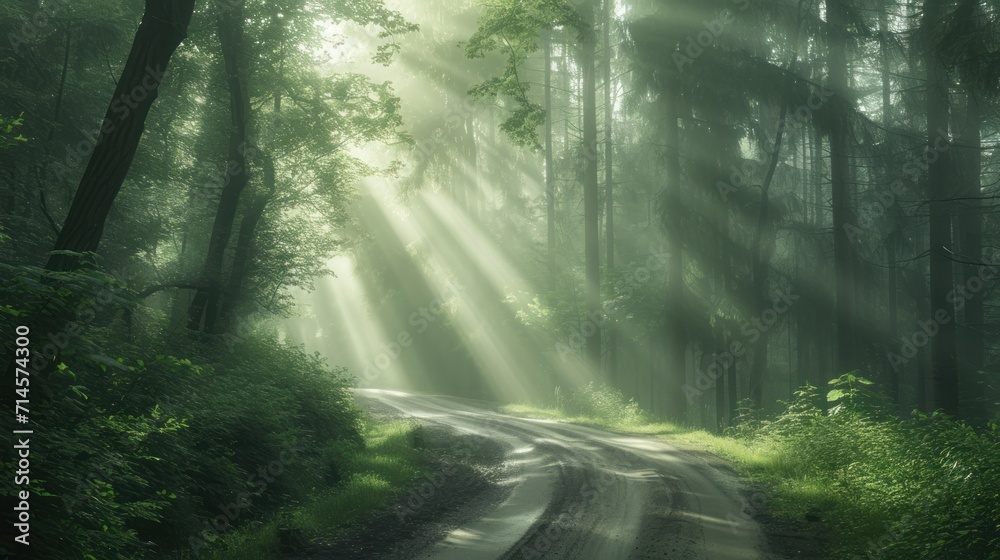  a dirt road in the middle of a forest with sunbeams shining through the trees on the other side of the road is a lush green forest with lots of trees on both sides.