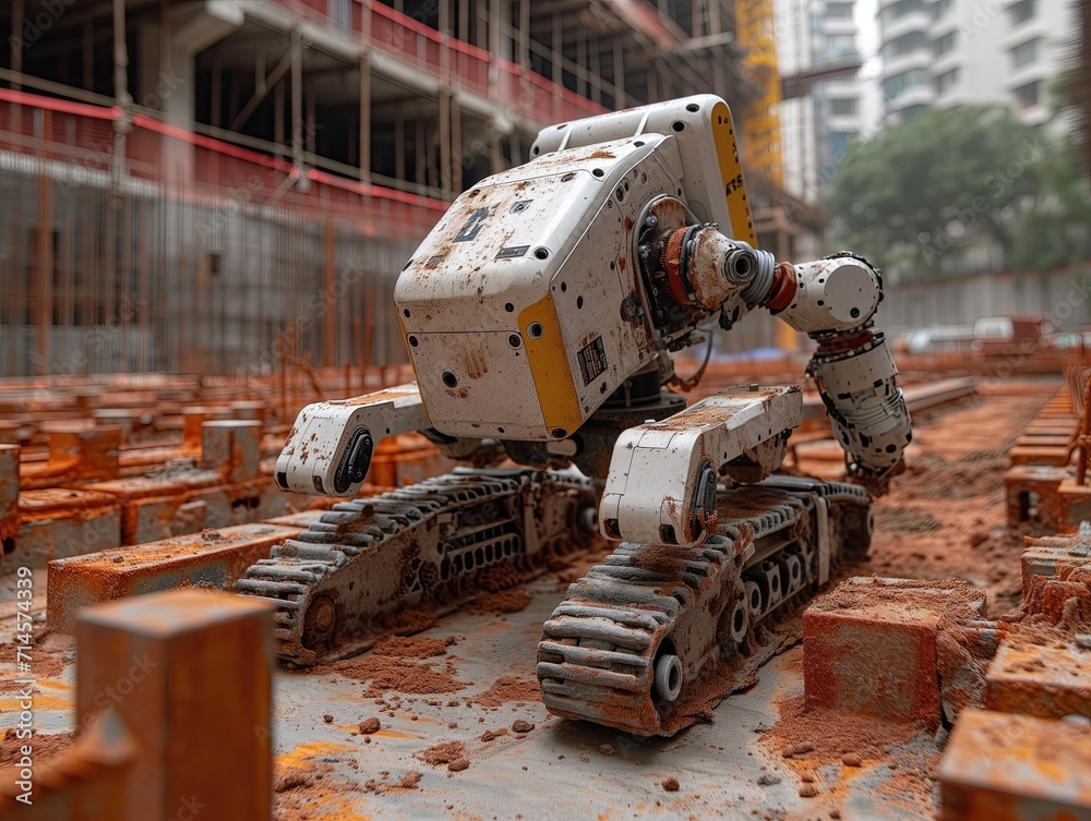 Engineers study and work with robots used on construction sites.
