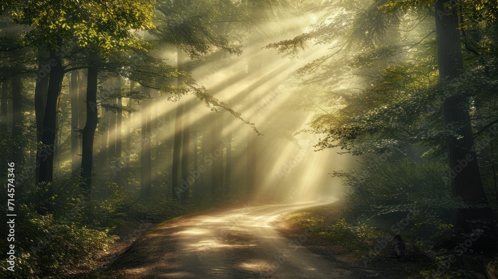  a dirt road in the middle of a forest with sunbeams coming through the trees and a person sitting on the side of the road in the middle of the road.