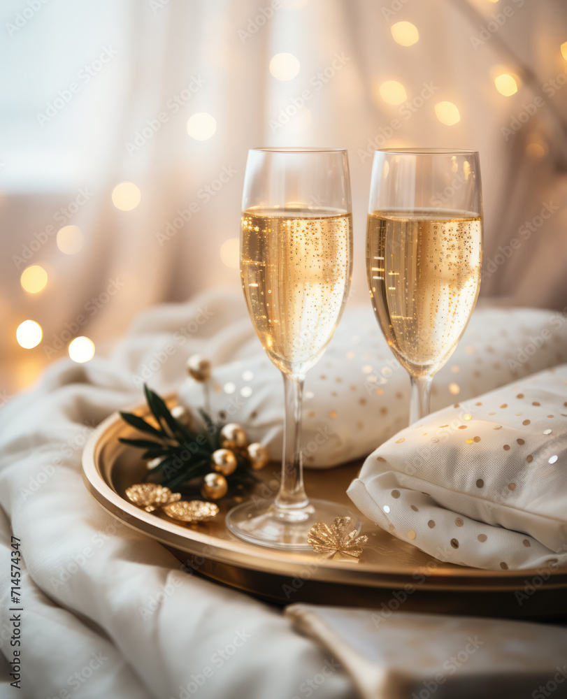 Glasses of champagne or sparkling wine served on a gold tray ready for romantic celebration.