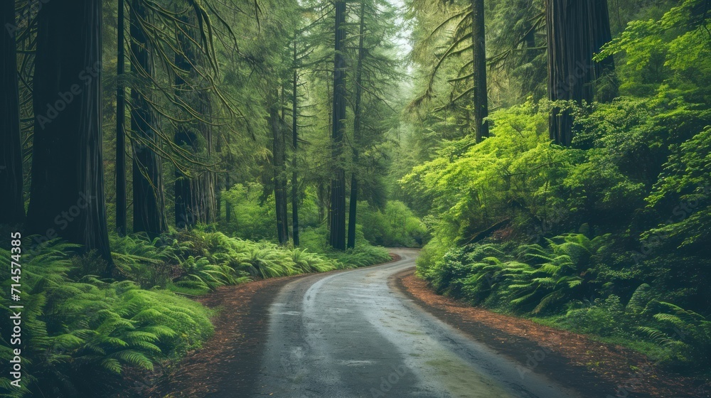 Fototapeta premium a road in the middle of a forest with lots of trees on both sides of it and a lush green forest on the other side of the road with lots of trees on both sides.
