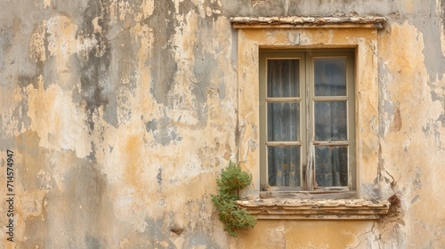  an old building with a window and a plant growing out of the window sill and on the side of the building is peeling paint and peeling from the walls.