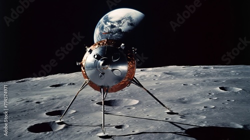 Lunar probe standing on the surface of the moon. Scientific research moon lander. Lunar lander operating on the surface of the earth's natural satellite. Lunar probe successfully landed. photo