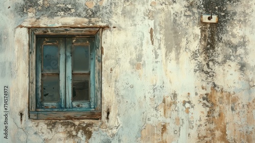  a window on the side of a building with peeling paint and a rusted iron grate on the outside of the window, and a rusted out wall.