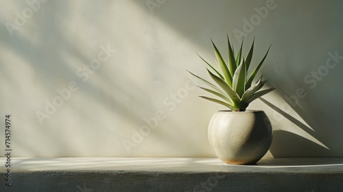  a white vase with a plant in it sitting on a ledge in front of a white wall with a shadow of a plant on the right side of the vase.