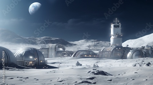 Futuristic lunar base. Realistic 3d render of a military lunar base. Scientific moon research camp. Human science base on the moon. Lunar mining facility.