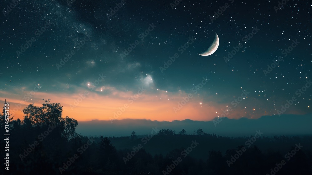  a night sky with a half moon and a few stars in the sky and a few trees in the foreground with the moon and stars in the middle of the night sky.