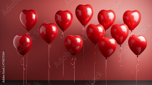 Red heart-shaped balloons on a red background