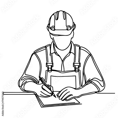 Happy Labour Day worker man wearing hard hat ontinuous one line draw design  black outline drawing Labor Day icon concept sketch of the workers doodle style