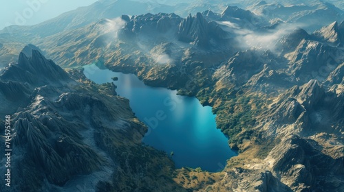  an aerial view of a mountain range with a body of water surrounded by rocks and a mountain range with a body of water surrounded by rocks and a mountain range in the background.