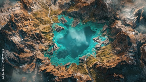  an aerial view of a mountain lake surrounded by rocks and a blue lake in the middle of the mountain is surrounded by rocks and a blue lake in the middle of the.