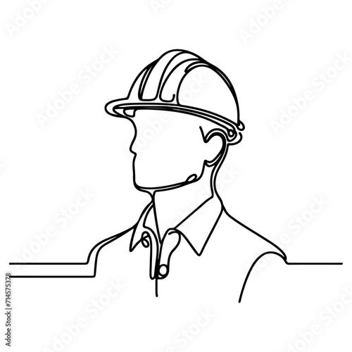 Happy Labour Day worker man wearing hard hat ontinuous one line draw design  black outline drawing Labor Day icon concept sketch of the workers doodle style