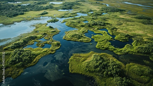  an aerial view of a large body of water surrounded by lush green grass and trees in the middle of the picture is an aerial view of a large body of water surrounded by land.