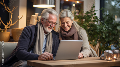 Golden Years Connection, senior couple shares a joyful moment with a laptop, surrounded by the cozy ambiance of their home, symbolizing enduring companionship.