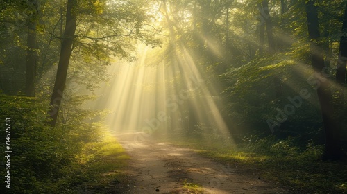  a dirt road in the middle of a forest with bright beams of light coming out of the trees on either side of the road is a dirt path that runs through the woods. © Olga