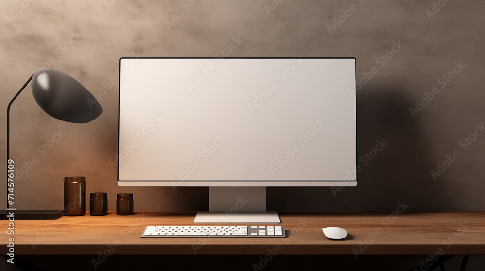 A modern and chic 3D render a PC computer with a blank screen mockup, positioned with elegance on a table within a minimal home office setting A modern and chic 3D render a PC computer with a blank screen mockup, positioned with elegance on a table within a minimal home office setting