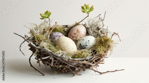  a bird's nest with eggs in it on a white surface with a sprout in the middle of the nest, with moss growing on top of the nest.