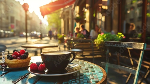  a cup of coffee and a plate of raspberries sit on a table outside a cafe on a sunny day with people sitting at tables and chairs in the background.
