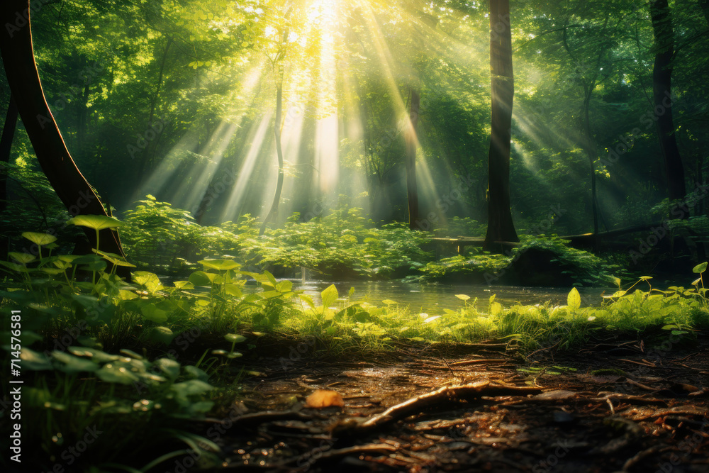 Embrace the harmony of nature in a serene park where green trees and dappled sunlight on the forest floor create a peaceful atmosphere. AI generative.