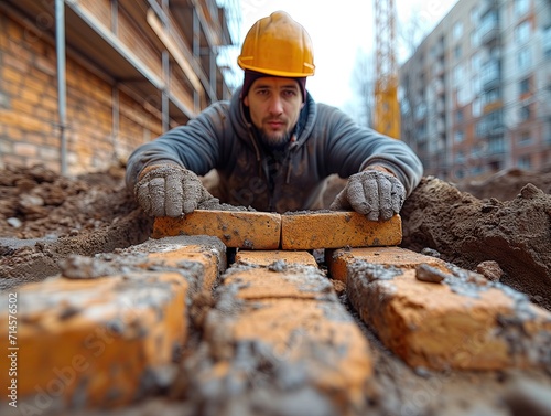 An engineer is laying bricks into a structure at a construction site.