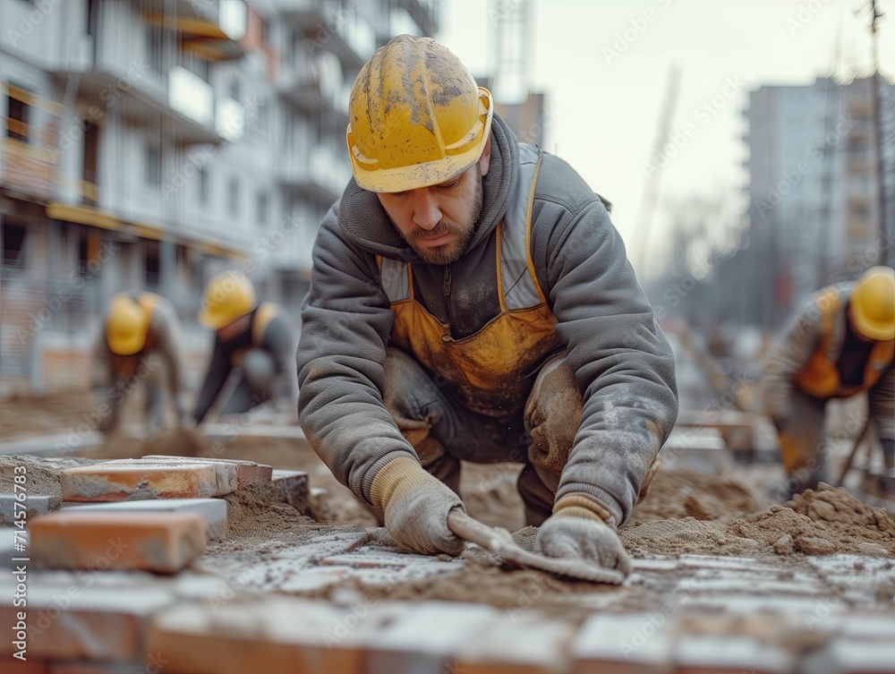 An engineer is laying bricks into a structure at a construction site. An engineer is laying bricks into a structure at a construction site.