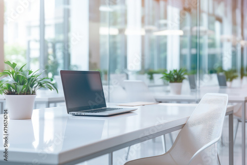 Step into a peaceful corporate environment with this dreamy modern office background featuring panoramic windows and soft light creating an inviting atmosphere for productivity. AI generative.