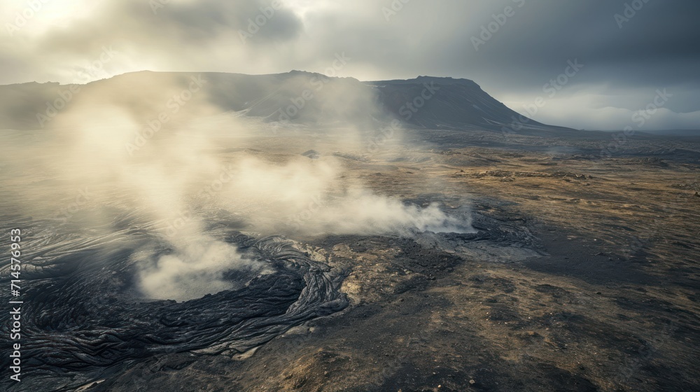  an aerial view of a volcano with steam coming out of the ground and a mountain in the distance with dark clouds in the sky over the top of the ground.
