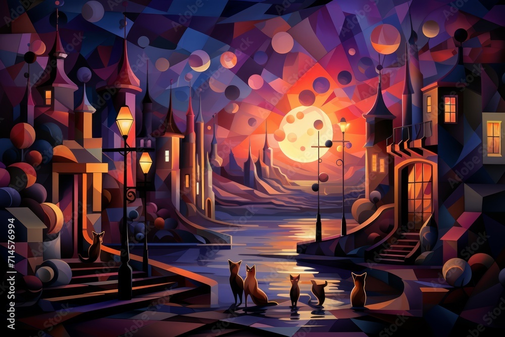 Obraz premium Playful twilight foxes, dancing under the fading light of the setting sun - Generative AI