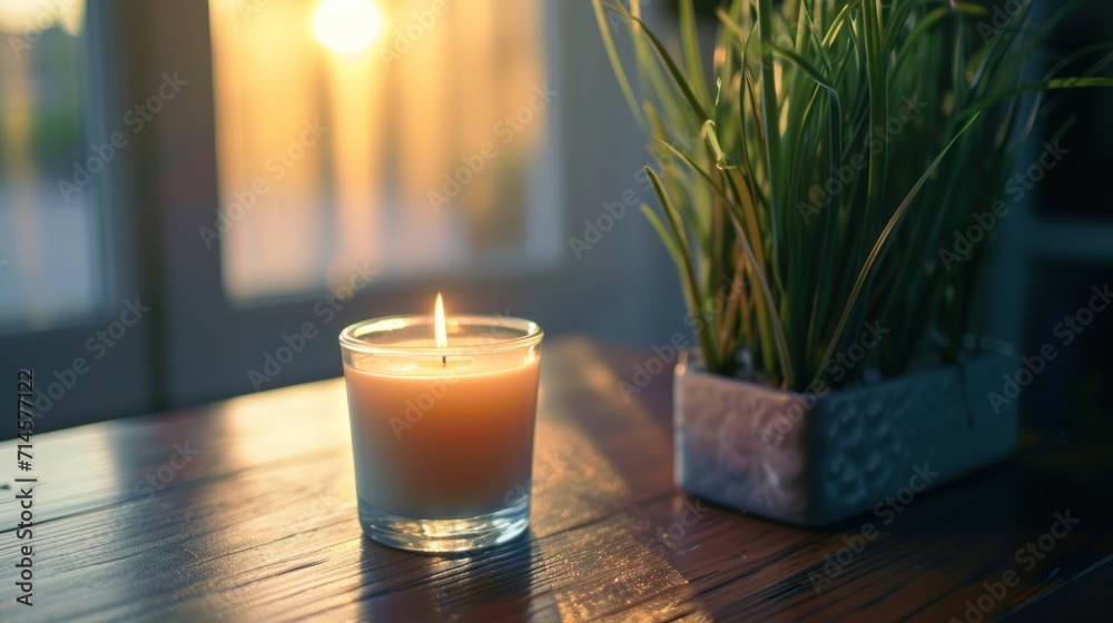 a candle sitting on top of a wooden table next to a potted plant on top of a wooden table next to a glass vase with a plant in it. a candle sitting on top of a wooden table next to a potted plant on top of a wooden table next to a glass vase with a plant in it.