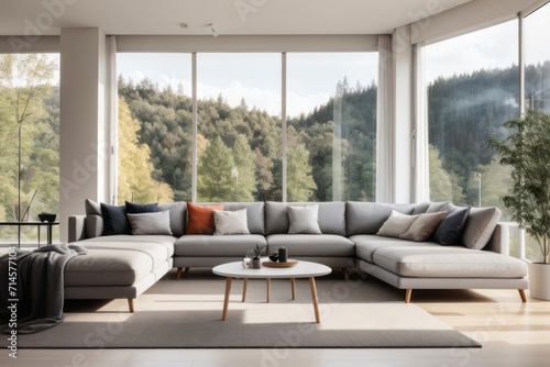 Scandinavian interior home design of modern living room with gray corner sofa and large windows of country house in forest with copy space