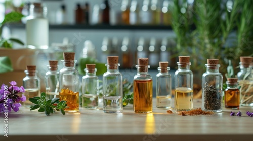  a table topped with lots of bottles filled with different types of oils and flowers on top of a wooden table next to bottles filled with different types of oils and seasonings.
