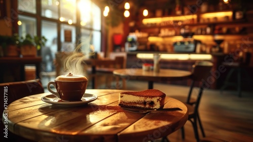  a piece of cake sitting on top of a wooden table next to a cup of coffee on top of a saucer on top of a wooden dining room table.