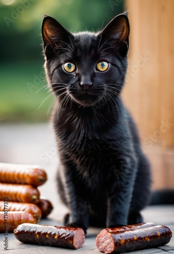 A black cat with yellow eyes sits in front of a pile of sausages.