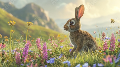  a painting of a rabbit sitting in a field of wildflowers with a mountain in the back ground and clouds in the sky in the sky in the background. © Olga