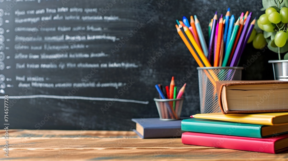 School books and pencils on desk with a blackboard in the background