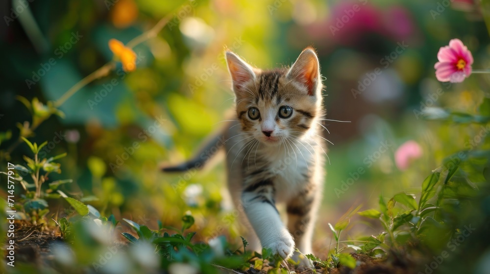 a small kitten walking through the grass with a pink flower in the foreground and a blurry background of pink and yellow flowers in the middle of the foreground. a small kitten walking through the grass with a pink flower in the foreground and a blurry background of pink and yellow flowers in the middle of the foreground.
