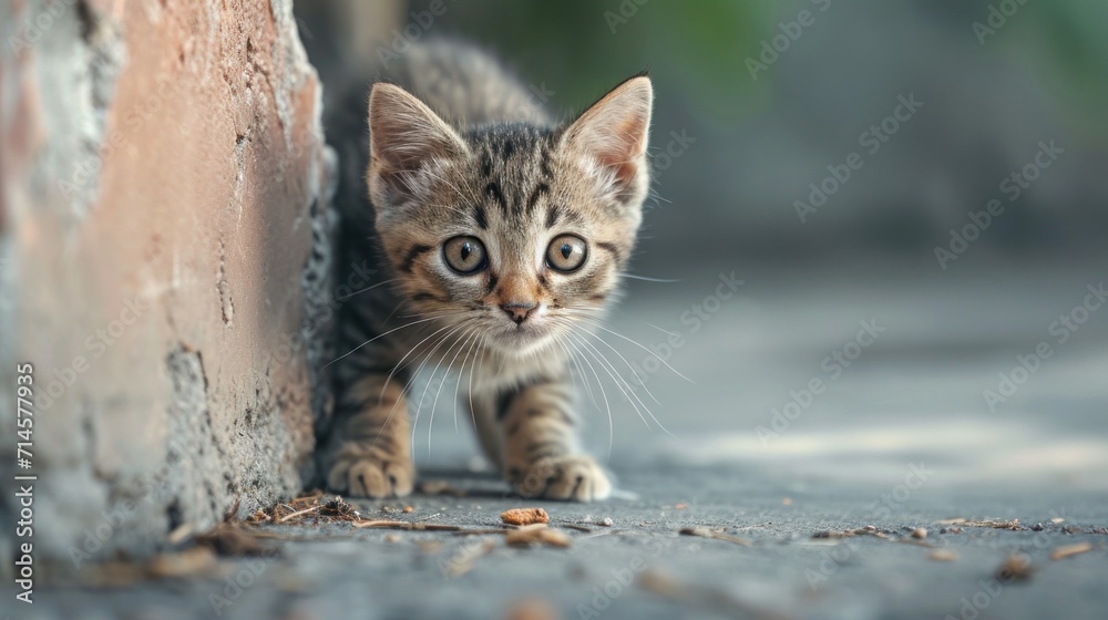  a small kitten standing next to a brick wall and looking at the camera with a curious look on its face, with one paw on the side of the wall.