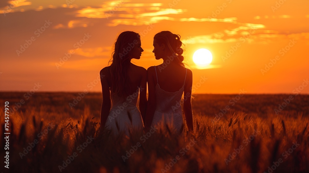Female friendship silhouette in the field of barley with sunset in the background.