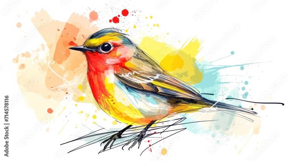 a bird sitting on top of a branch with watercolor paint splatters on it's back and a yellow, red, orange, blue, yellow, and black, and white background. a bird sitting on top of a branch with watercolor paint splatters on it's back and a yellow, red, orange, blue, yellow, and black, and white background.