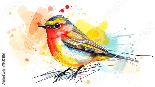  a bird sitting on top of a branch with watercolor paint splatters on it's back and a yellow, red, orange, blue, yellow, and black, and white background.