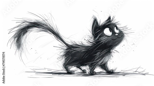  a black and white drawing of a cat with long hair on it's back legs, looking up and to the side, with its mouth open eyes wide open.