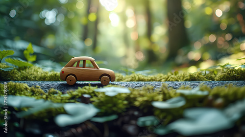 A wooden toy car navigate on green journey