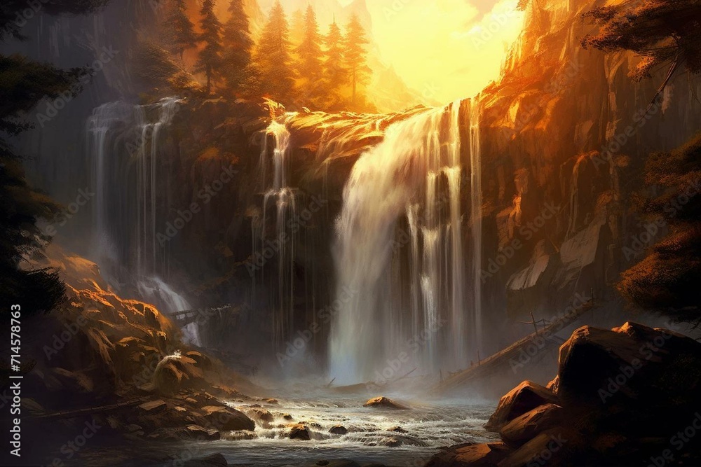 A radiant sun shines on a majestic waterfall with cascading water. Generative AI